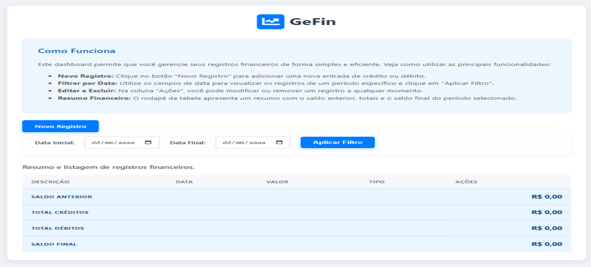Captura de tela do projeto GeFin